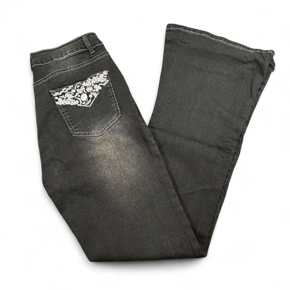 Y2K Black low rise flare jeans with white floral embroidery women's size M